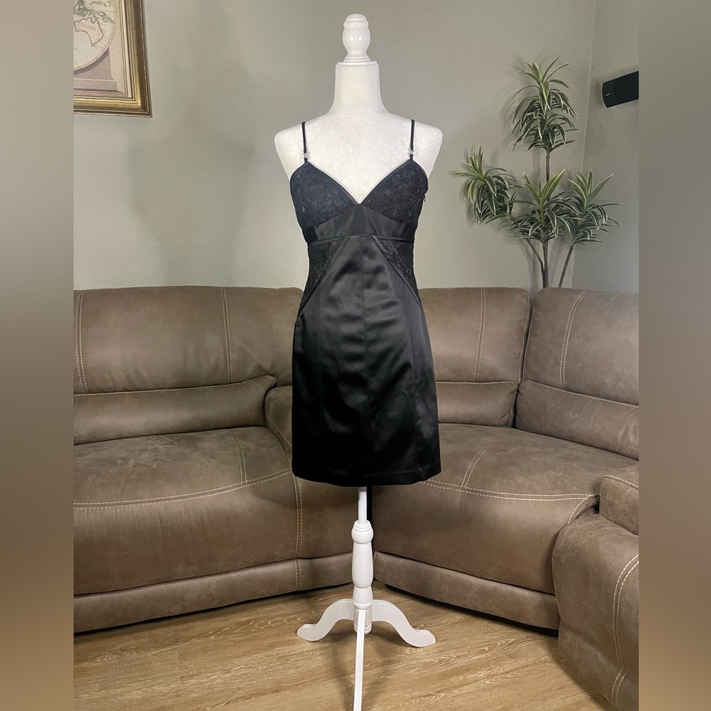 Laundry Black Satin Lace Bodycon Formal Mini Dress Crystal Accent 6 Summer LBD - Picture 1 of 14